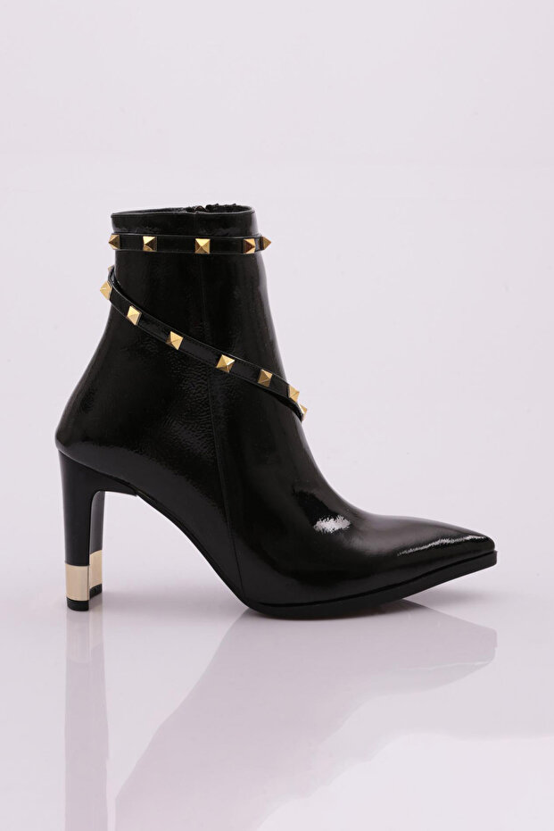 Women's Pointed Toe Trock Heeled Boots Black Patent Leather 9133284