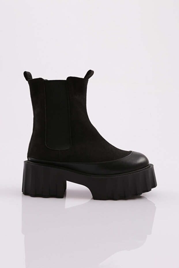 Es804 Women's Thick Sole Stretch Detailed Heeled Boots Black Suede Black Patent Leather