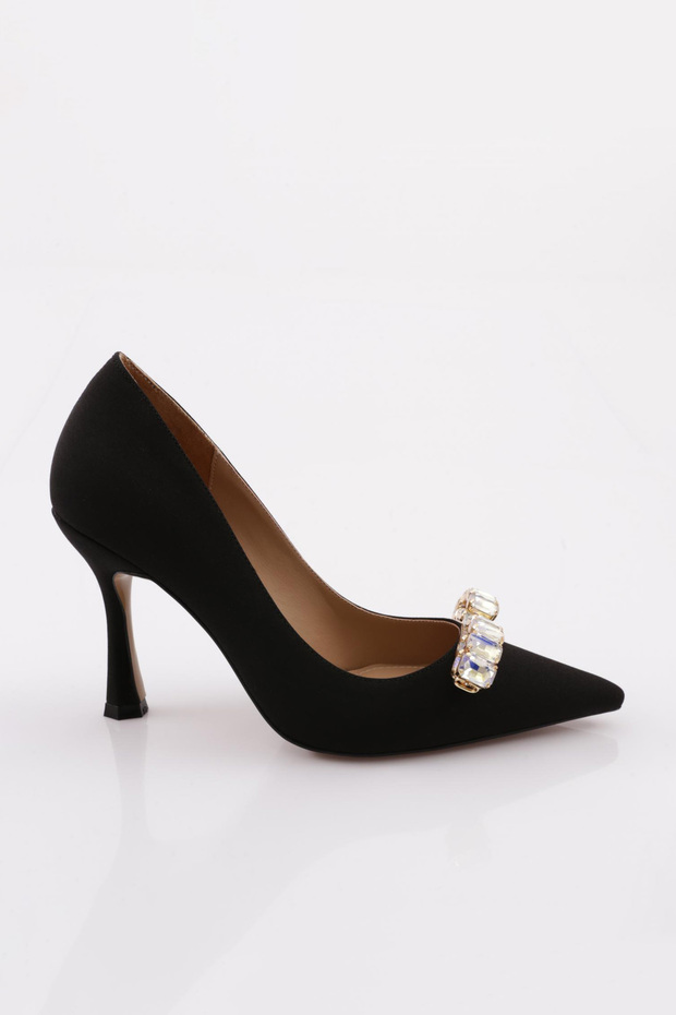 Women's Pointed Toe Crystal Stone Buckle Heeled Shoes Black Satin 101653236