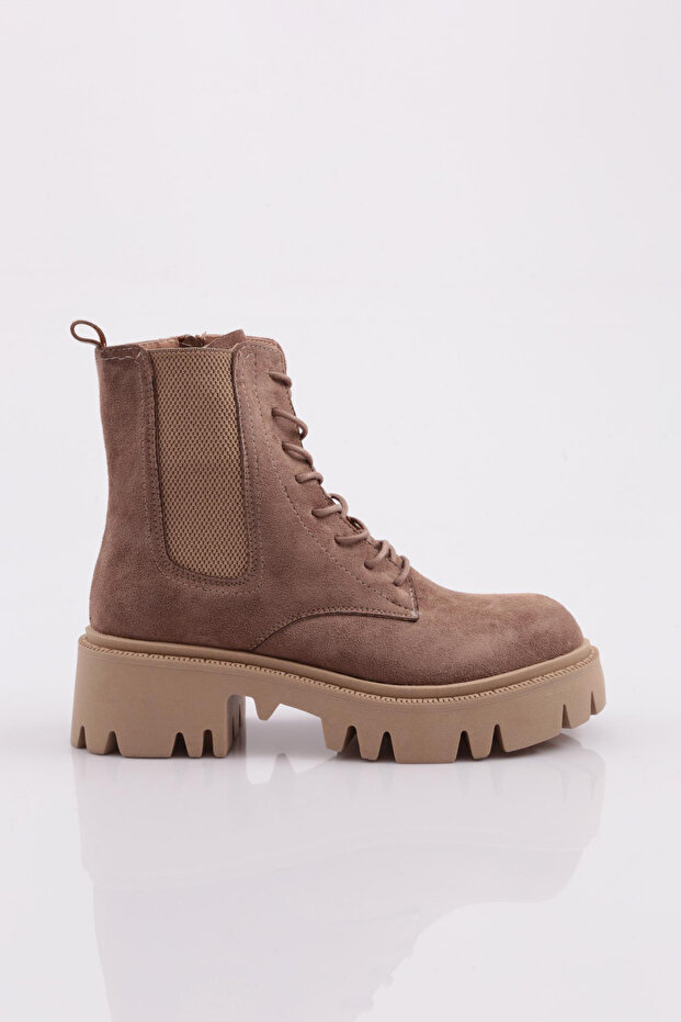 22031 Women's Zippered Lace-Up Boots with Stretch Detail Mink Suede
