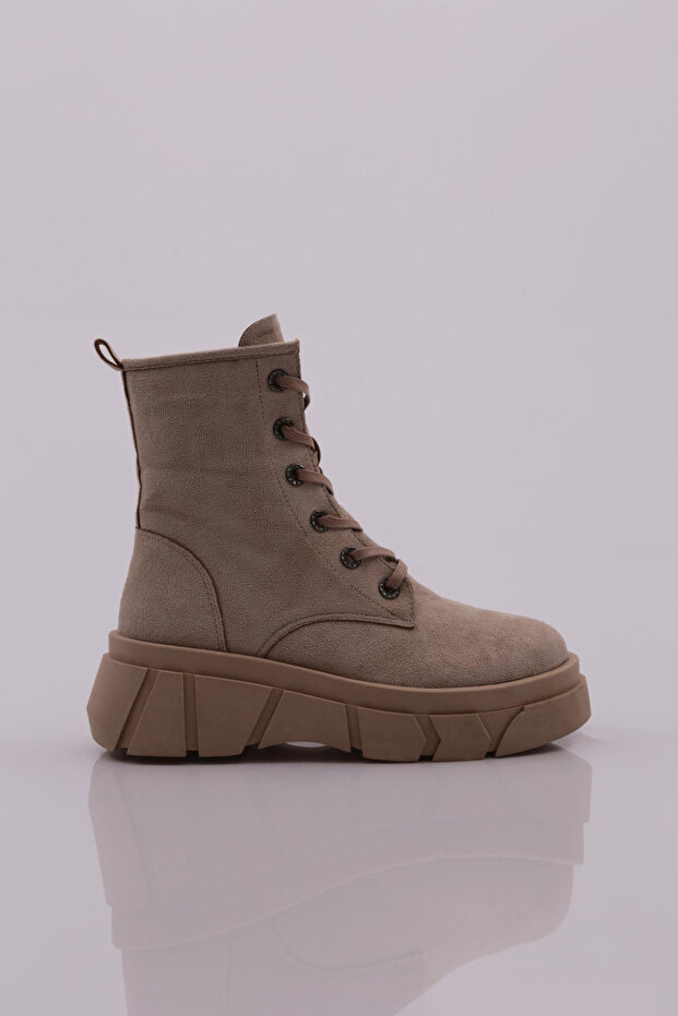 Women's Zippered Lace-Up Thick Sole Boots Beige Suede 33142682