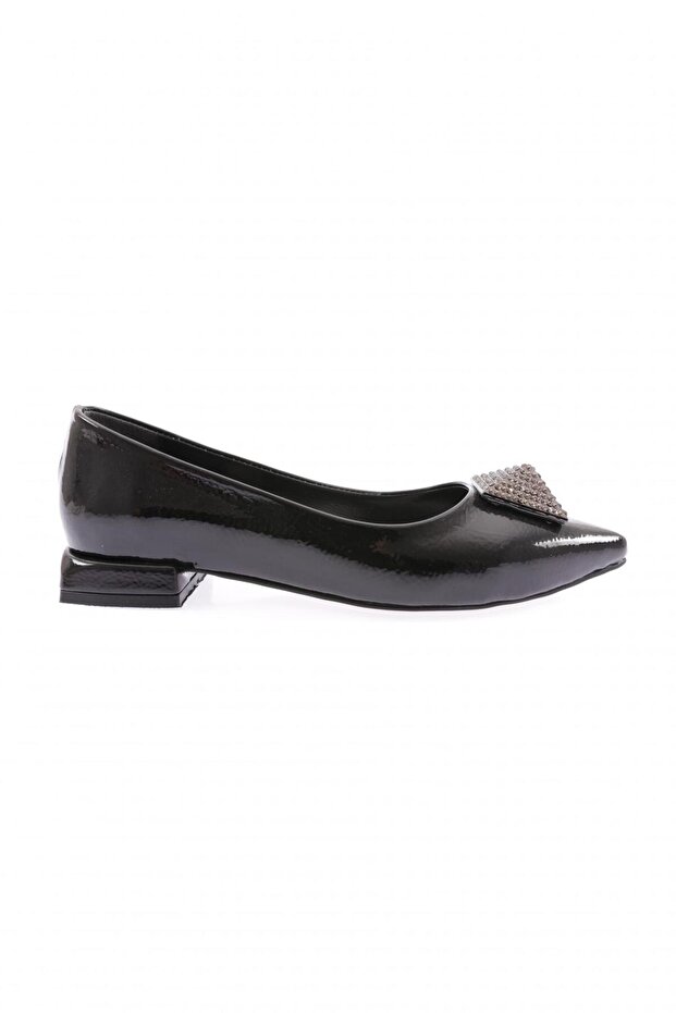 Women's Black Patent Leather Ballerinas - Pointed Toe, Crystal Stone Buckle, Galvanized Heels 39182534