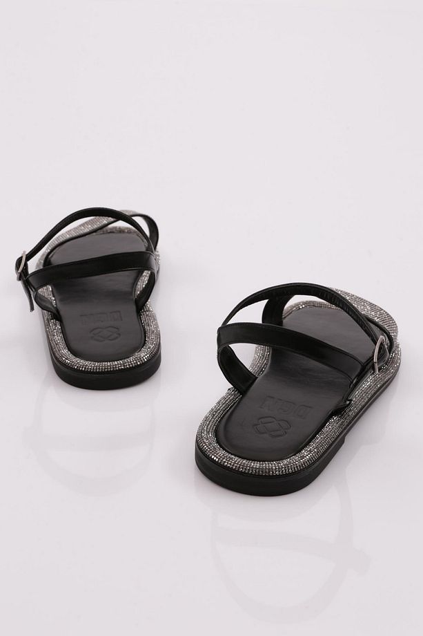 Kadın Düz Taban Taşlı Sandalet Siyah Mat 416233210 - 3