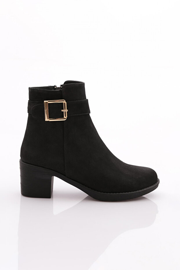 8551 Women's Heeled Boots Black Nubuck Genuine Leather