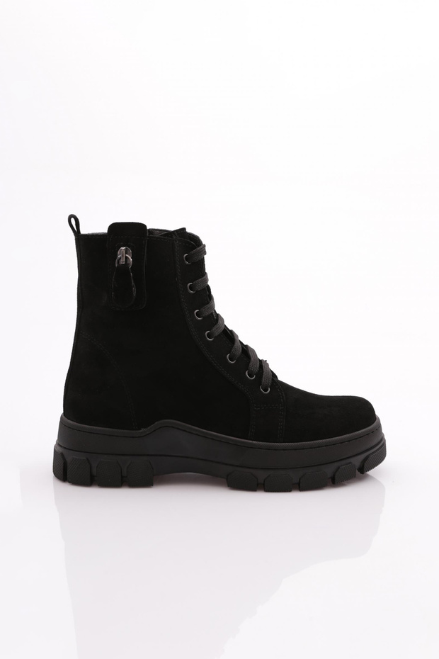Women's Zipper Detailed Lace up Boots Black Suede Genuine Leather 1681123217