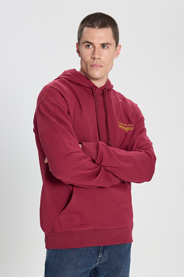 Relaxed Fit Wide Cut Hooded 100% Cotton Burgundy Sweatshirt