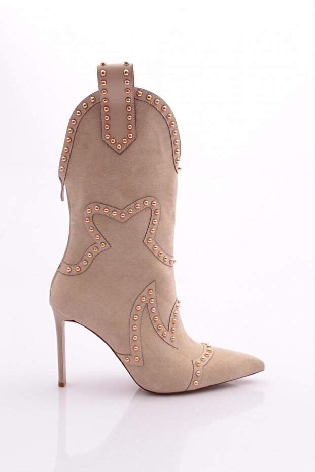 Women's Stone Embroidered Heeled Western Boots Beige Suede 63842859