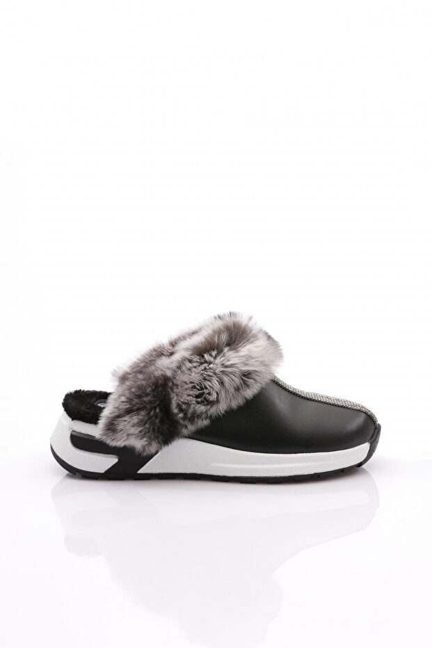 Women's Fur-Top Slippers with Stone Stripes, Black 133141