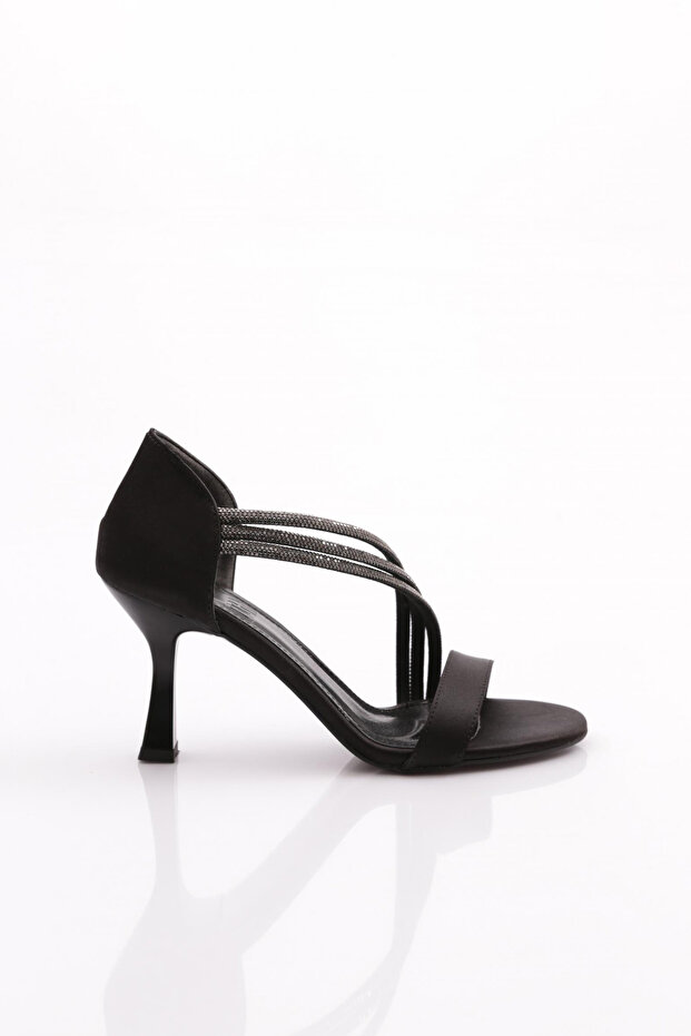 Women's Stone Decorated Heeled Shoes Black Satin 10313534