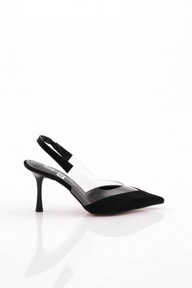 Women's Black Heeled Shoes - Back Tie Imported 81323564