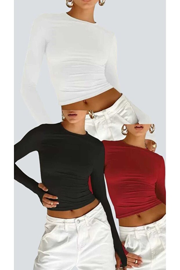 طاقم الرقبة إصبع مفصلة الأساسية بلوزة، Crewneck الجسم 1 أبيض 1 أحمر 1 أسود