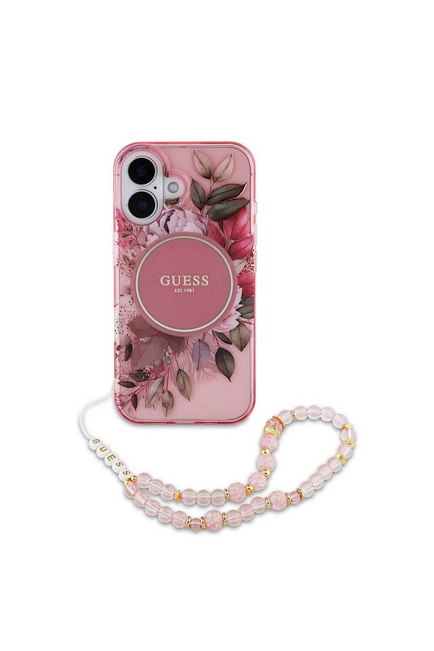 iPhone 16 Plus Kılıf Guess  Lisanslı Magsafe Özellik IML Baskılı Çiçek İnci Bileklikli Pembe - 3