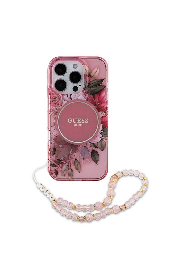 iPhone 16 Pro Kılıf Guess  Lisanslı Magsafe Özellikli IML Baskılı Çiçek İnci Bileklikli Pembe - 1
