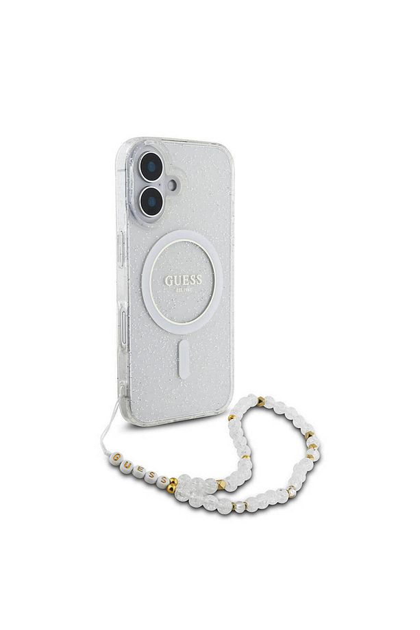 iPhone 16 Uyumlu Kılıf Guess  Lisanslı Magsafe Özellikli Simli Silikon İnci Bileklikli Şeffaf - 3