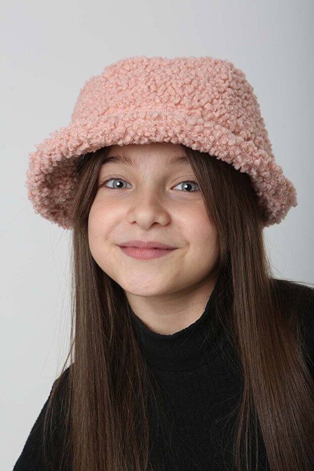 Çocuk Kıvırcık Peluş Bucket Şapka RKŞ-Ç-10 Pudra - 6