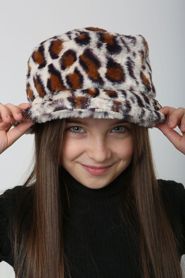 Ecru Leopard Patterned Children's Plush Bucket Hat - Rkş-Ç-01 - 7