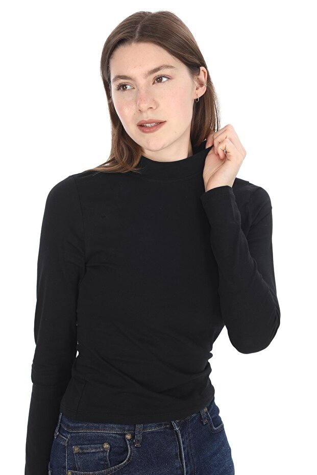 Stand Collar Combed Cotton T-Shirt-Black