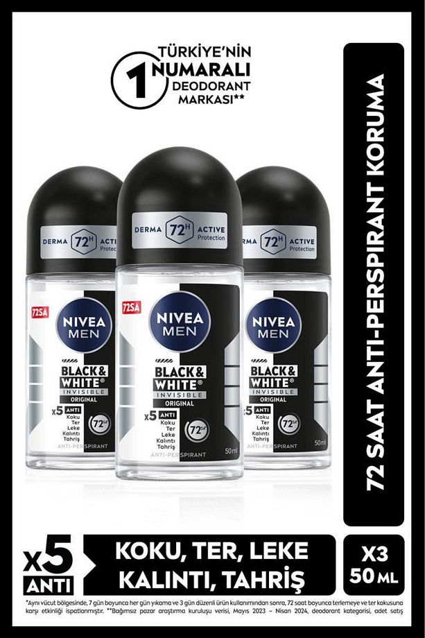 MEN Erkek Roll-on Deodorant Black&white Original 50ml, 72 Saat Koruma, X3 Adet - 1