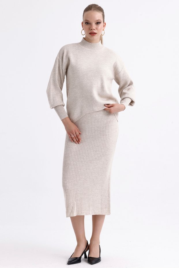 Women's Half Turtleneck Asymmetrical Sweater and Strappy Ribbed Dress Double Knitwear Set