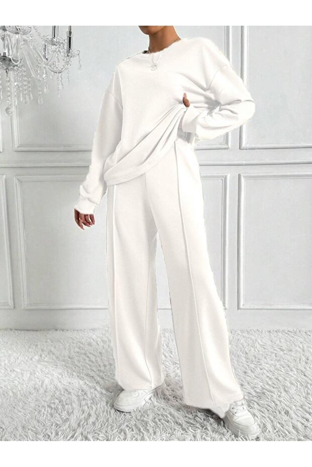 Women's Large Size Crew Neck Leg Stitching Detail 3 Thread Hijab Double Set