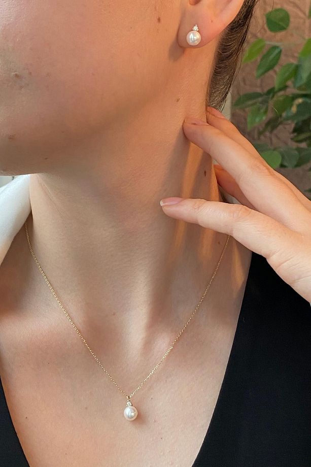 14 Ayar Altın Ct 0,12 Pırlantalı Tek Inci Kolye Küpe Set - 1