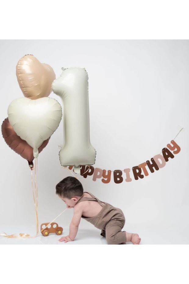 Eva Coffee Happy Birthday Banner and 1 Year Old Foil Balloon Set 5 Pieces