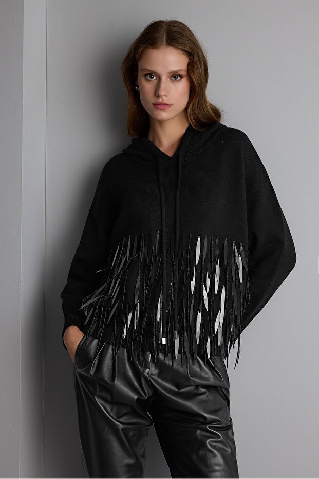Hooded Hand Embroidered Sequin and Beaded Black Knitwear Sweater