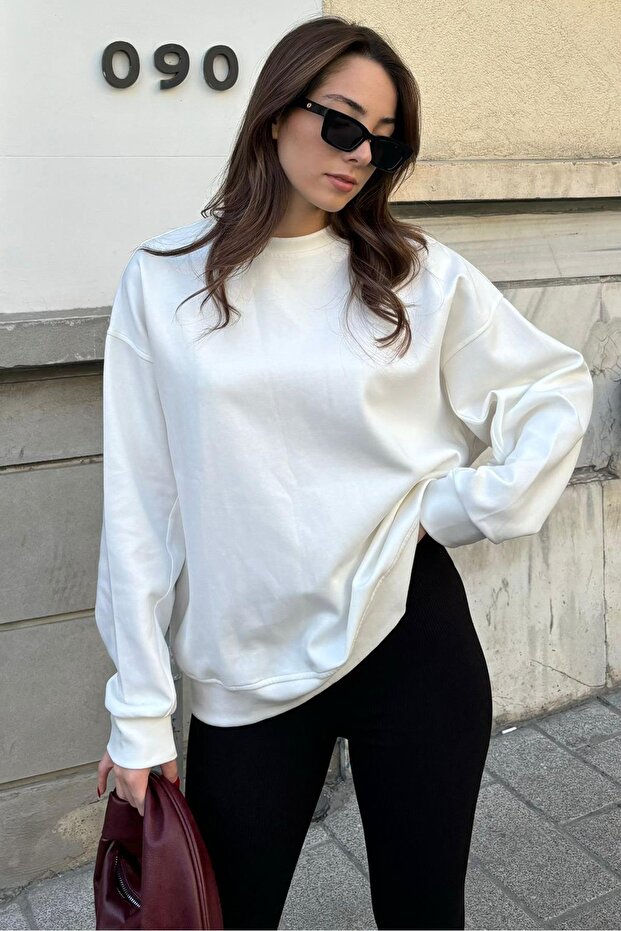 Ekru Bisiklet Yaka Basic Sweatshirt MG2185 - 2