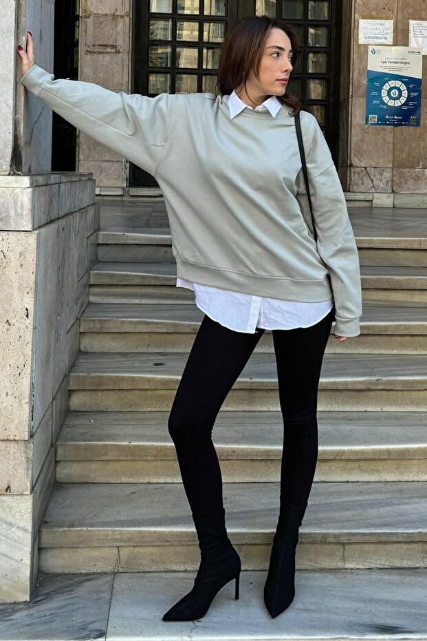 Painted Gray Crew Neck Basic Sweatshirt Mg2185 - 6