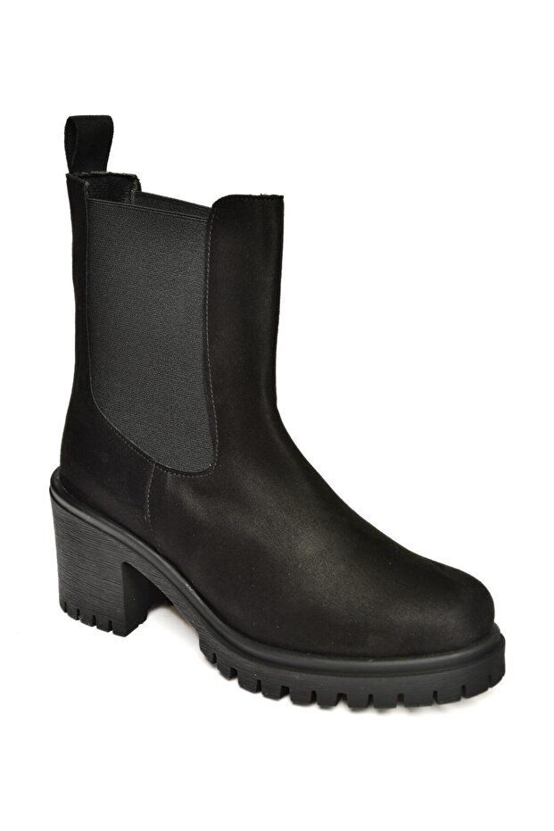 T726981602 Siyah Süet Lastikli Kalın Topuklu Kadın Bot - 4