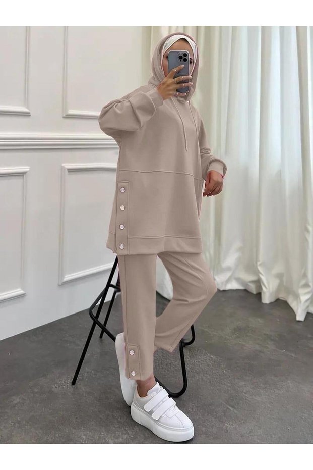 Women's Hooded 2-Piece Hijab Set with Buttons on Sides and Legs