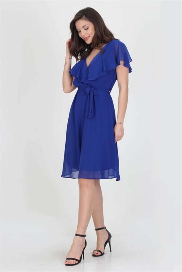 Women Midi Length New Season Double Breasted Collar Angel Sleeve Chiffon Dress Ry8081