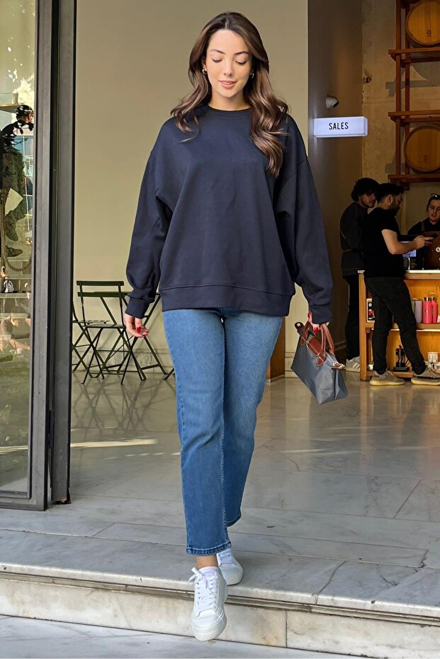 Lacivert Bisiklet Yaka Basic Sweatshirt MG2185 - 4