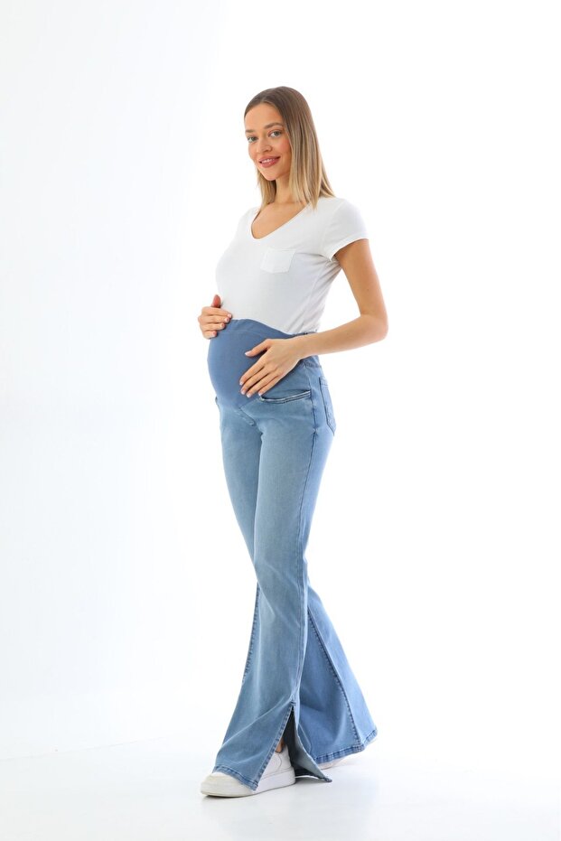 Blue Maternity Jeans - Flexible, Spanish Leg, Side Slit and Adjustable Waist