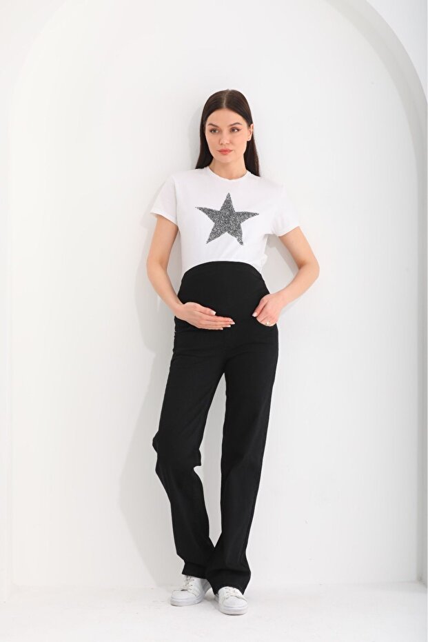 Hamile Esnek Karın Bantlı Beli Ayarlanabilir Geniş Paça Kot Pantolon Mavi - 1