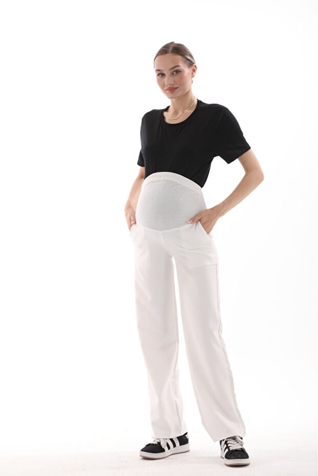 Pregnant flexible belly band adjustable waist wide leg gabardine trousers white