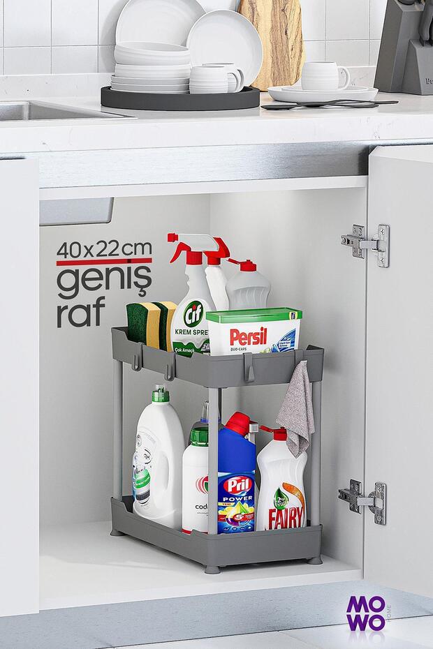 2-Tier Grey Organizer - Detergent Rack for Kitchen, Bathroom, Closet and Countertop