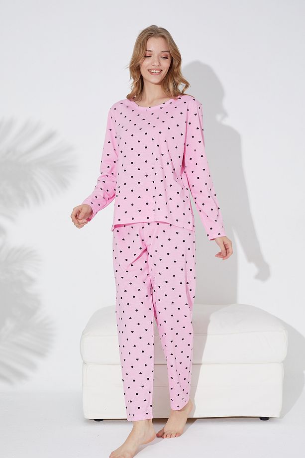 Pembe Siyah Kalp Ve Puan Desenli Örme Pijama Takım 7792 - 2