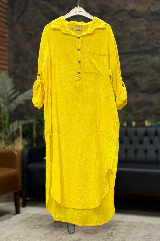 Collared Buttoned Long Linen Dress with Pockets