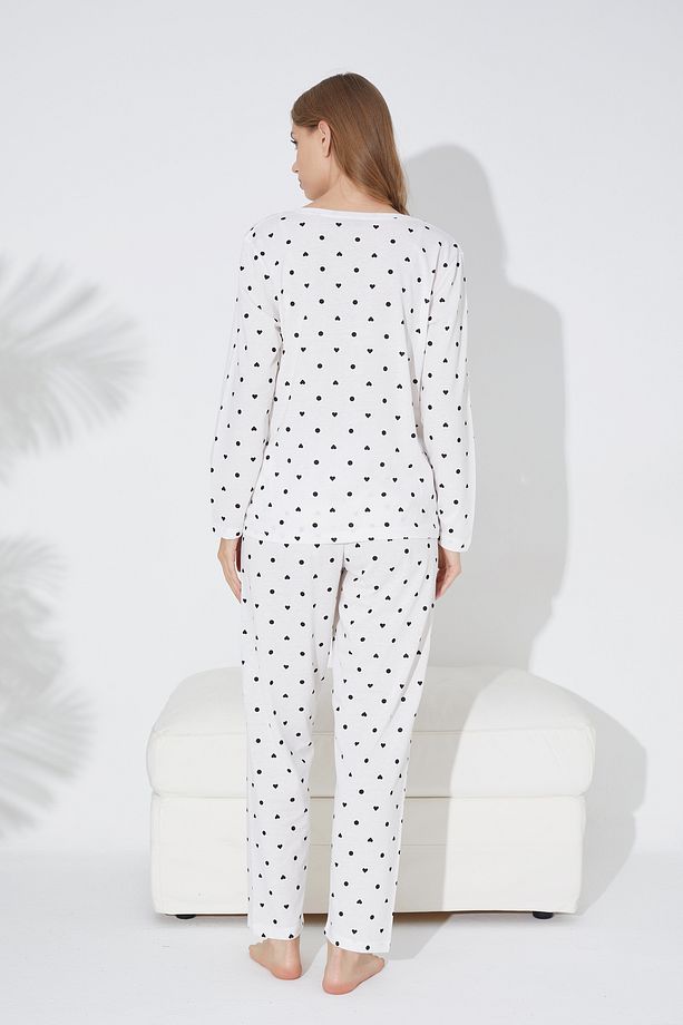 Ekru Siyah Kalp Ve Puan Desenli Örme Pijama Takım 7792 - 3