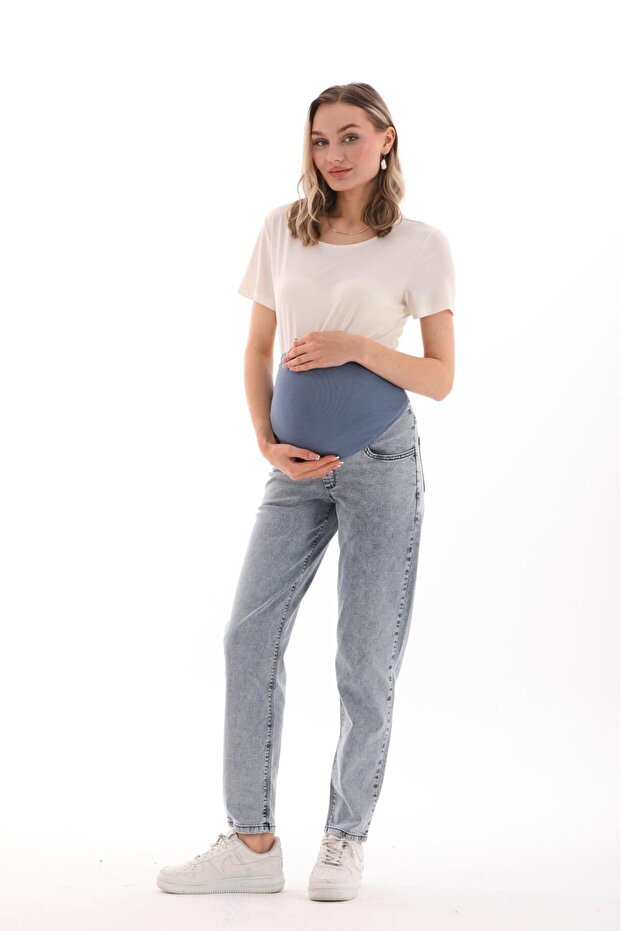 Pregnancy Stretchy Belly-Banded Adjustable-Waist Mom Fit Jeans Blue