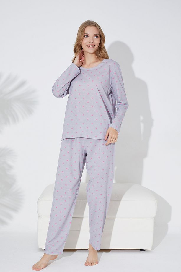 Gri Pembe Kalp Ve Puan Desenli Örme Pijama Takım 7792 - 2