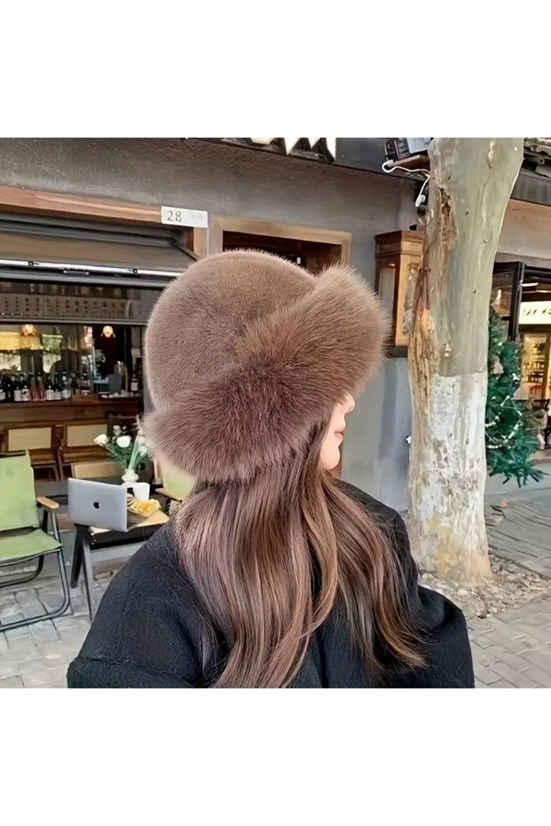 Brown Faux Fur Plush Heart Women's Hat
