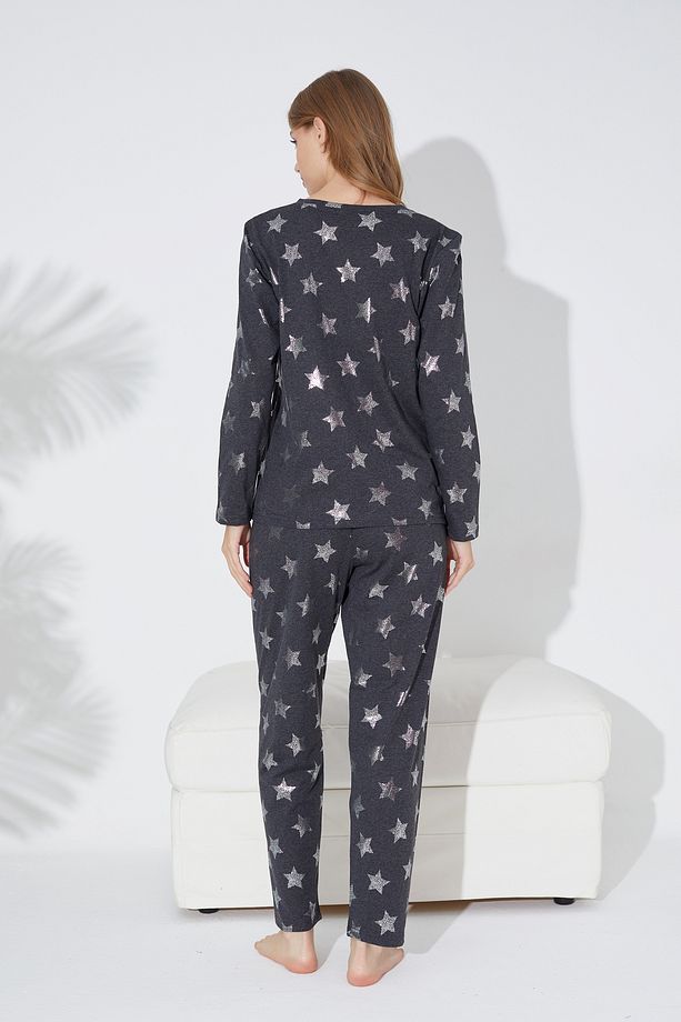 Antrasit Yıldız Varak Baskılı Örme Pijama Takım 7792 - 4