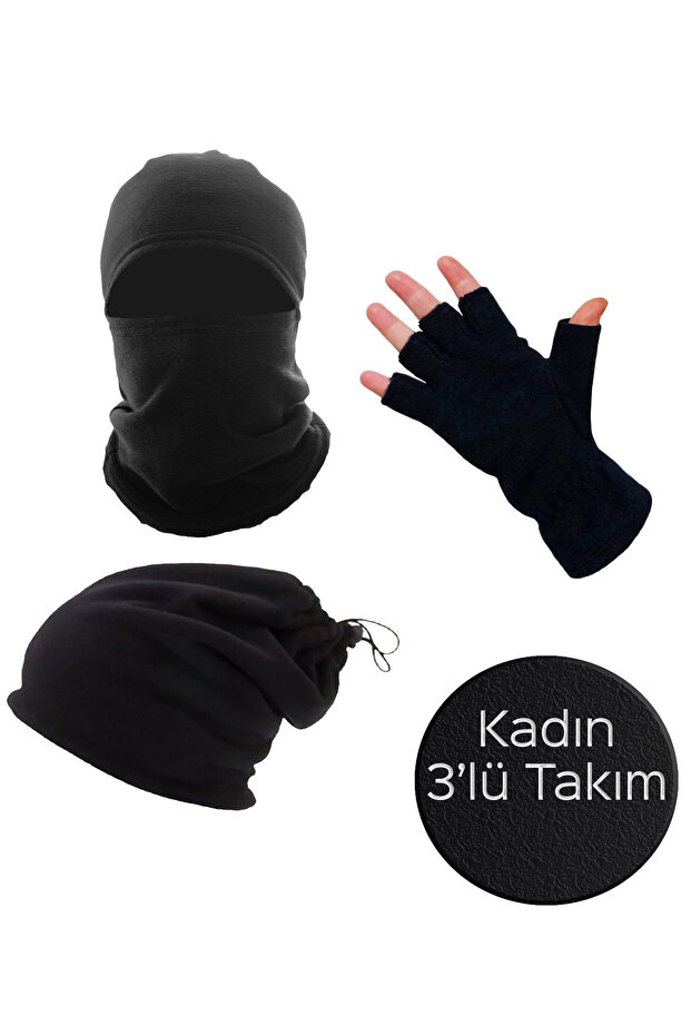 Women's Black Winter Thermal Fleece Cut Gloves, Face Mask, Biker Helmet, Drawstring Beanie, Neck Warmer, 3-Piece Set