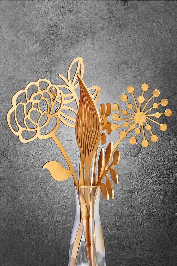 Kış Bahçesi Mdf Çiçek Demeti / Yapay Çiçek - Gold Boyalı - 1