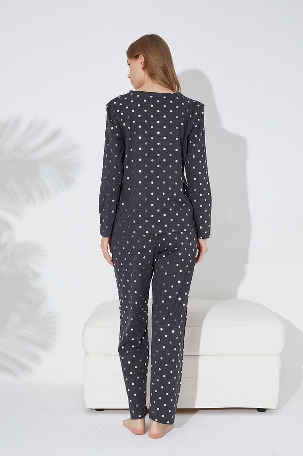 Antrasit Puan Varak Baskılı Örme Pijama Takım 7792 - 4