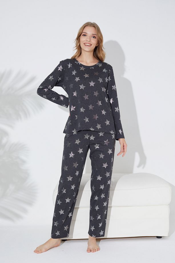Antrasit Yıldız Varak Baskılı Örme Pijama Takım 7792 - 2