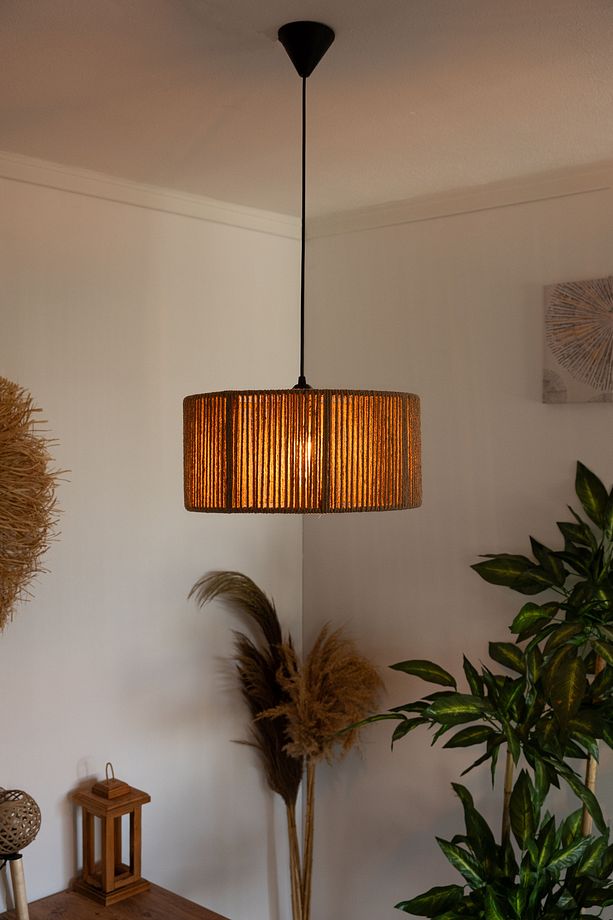 Bohem Avize Rustik Rattan Avize Hasır Avize Jüt Avize El İşçiliği Doğal Silindir Boho Chandelier - 4