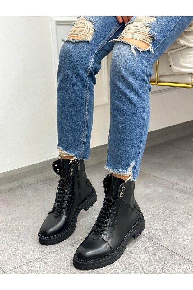 Black Leather (Sera) Zipper Detail Women's Boots